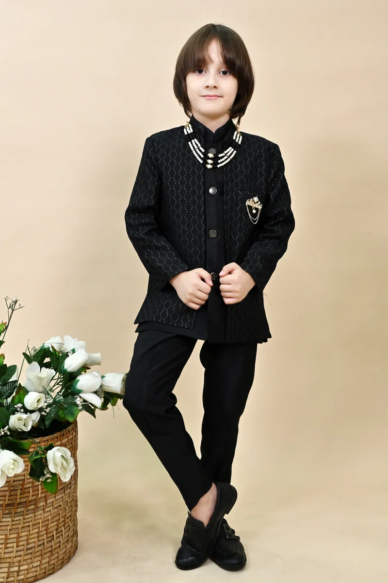 BT DEZINES Boys Black Jacquard Sherwani & Trousers Set
